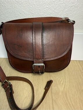 Handmade Artisan Leather Crossbody Saddle Bag Rustic Boho Cognac Brown